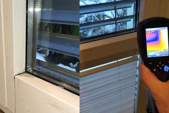 Kombiniertes Bild von Fenstern, einmal mit Kondenswasser, einmal mit einer Wärmebildkamera, die auf die Fensterränder zielt